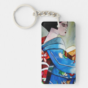 Japanese Geisha with blue kimono art Key Ring