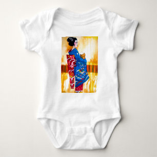 Japanese Geisha with blue kimono Baby Bodysuit