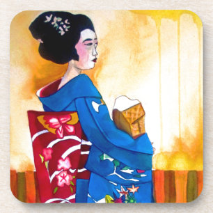 Japanese Geisha with blue kimono Coaster