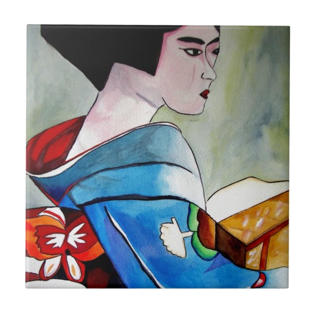 Japanese Geisha with Blue Kimono original art Ceramic Tile (Front)