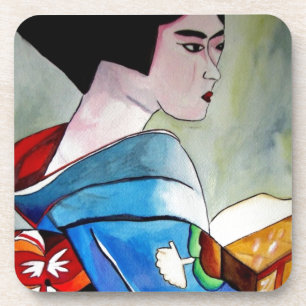 Japanese Geisha with Blue Kimono original art Coaster