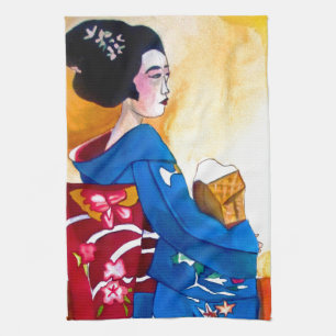 Japanese Geisha with blue kimono Tea Towel