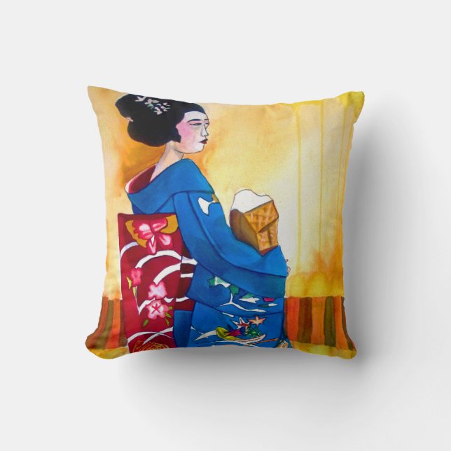 Japanese Geisha with decorated kimono and obi Cushion (Front)