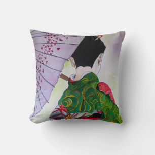 Japanese Geisha with decorated kimono and umbrella Cushion