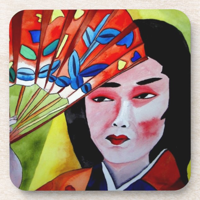japanese Geisha with fan original art painting Coaster (Front)