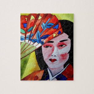 japanese Geisha with fan original art painting Jigsaw Puzzle