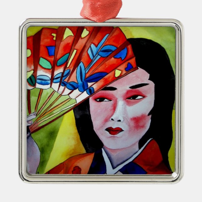japanese Geisha with fan original art painting Metal Tree Decoration (Front)