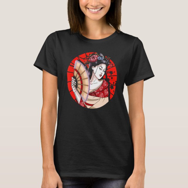 Japanese Geisha With Fan Sakura Japan Woman Geisha T-Shirt (Front)