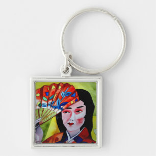 japanese Geisha with fan watercolor original art Key Ring