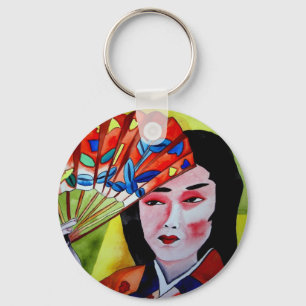 japanese Geisha with fan watercolor original art Key Ring