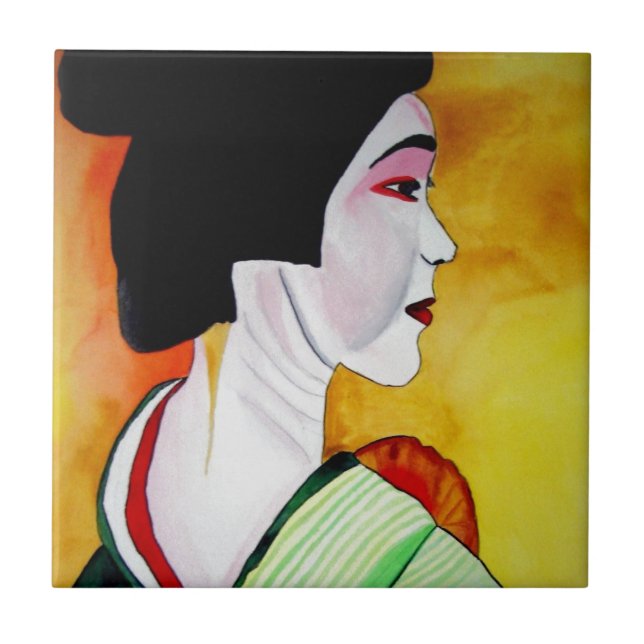Japanese Geisha with green kimono original art Ceramic Tile (Front)