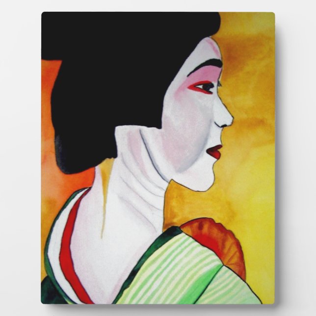 Japanese Geisha with green kimono original art Plaque (Front)