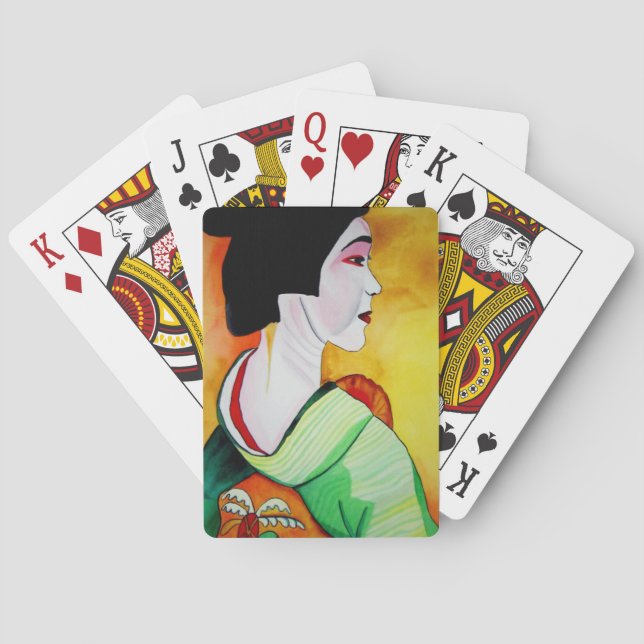 Japanese Geisha with green kimono original art Playing Cards (Back)