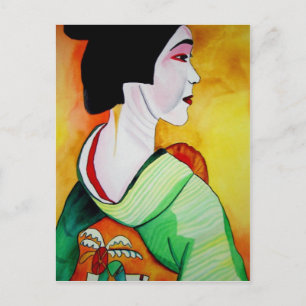Japanese Geisha with green kimono original art Postcard