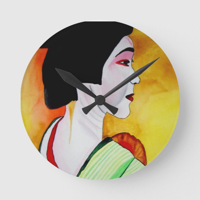 Japanese Geisha with green kimono original art Round Clock (Front)