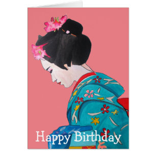 Japanese Geisha with pink cherry blossom birthday