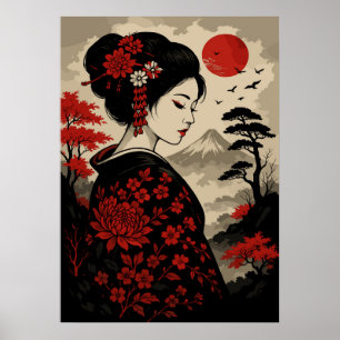 Japanese Geisha with Red Flowers and Mount Fuji Poster