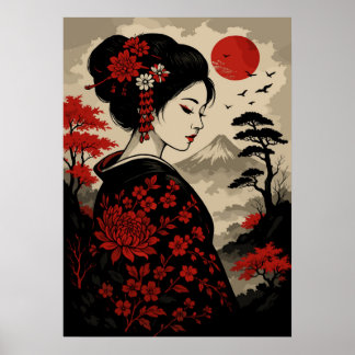 Japanese Geisha with Red Flowers and Mount Fuji Poster