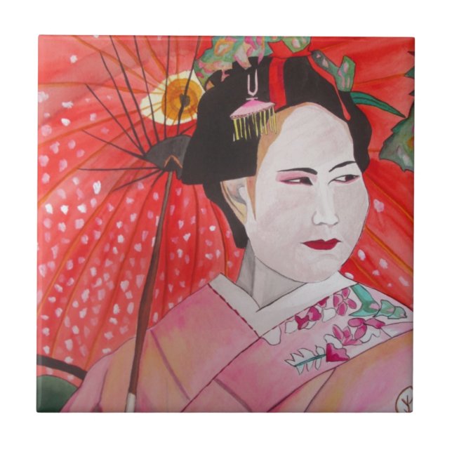 Japanese Geisha with red umbrella original art Ceramic Tile (Front)