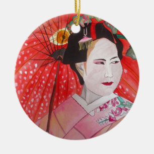 Japanese Geisha with red umbrella original art Ceramic Tree Decoration