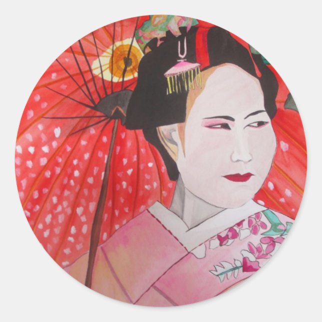 Japanese Geisha with red umbrella original art Classic Round Sticker (Front)