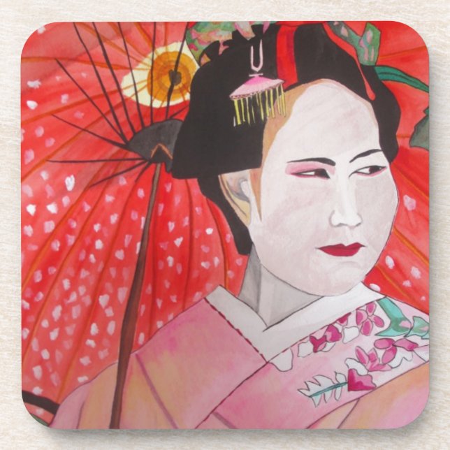 Japanese Geisha with red umbrella original art Coaster (Front)