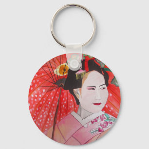 Japanese Geisha with red umbrella original art Key Ring