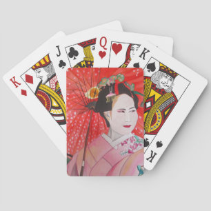 Japanese Geisha with red umbrella original art Playing Cards