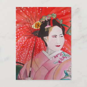 Japanese Geisha with red umbrella original art Postcard
