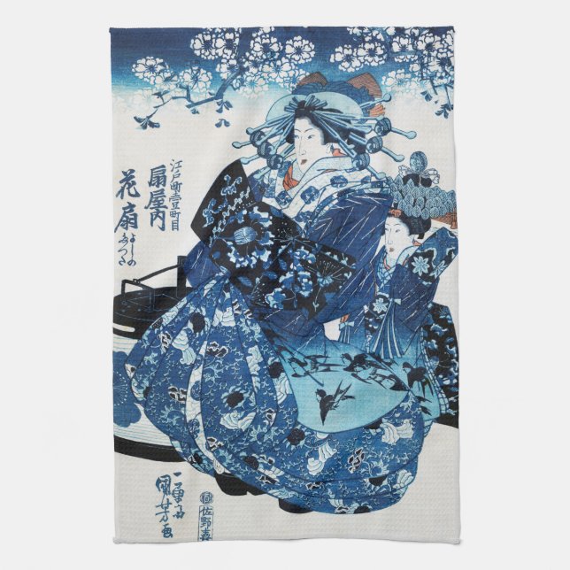 Japanese Geisya Woman, Kuniyoshi, Ukiyo-e Tea Towel (Vertical)