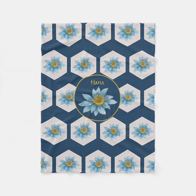 Japanese Geometric Lily Flower Pattern Monogram Fleece Blanket (Front)