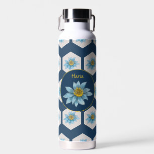 Japanese Geometric Lily Flower Pattern Monogram Water Bottle