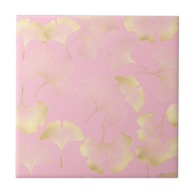 Japanese Ginkgo Gold Line Art Pink Pattern Ceramic Tile (Front)