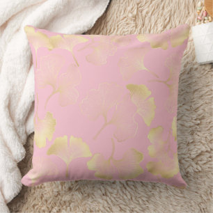 Japanese Ginkgo Gold Line Art Pink Pattern Cushion