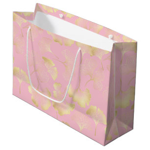 Japanese Ginkgo Gold Line Art Pink Pattern Large Gift Bag