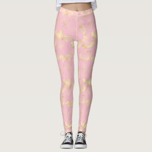 Japanese Ginkgo Gold Line Art Pink Pattern Leggings