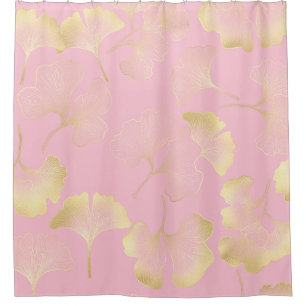 Japanese Ginkgo Gold Line Art Pink Pattern Shower Curtain