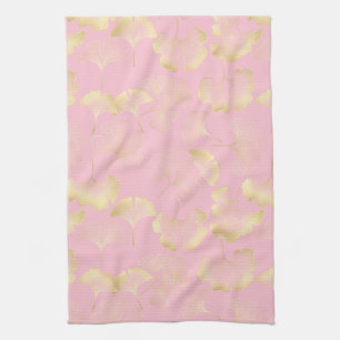 Japanese Ginkgo Gold Line Art Pink Pattern Tea Towel