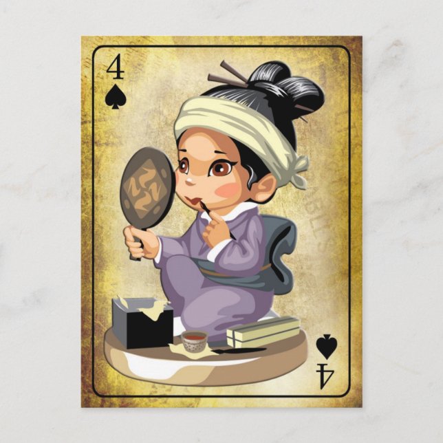 Japanese girl in kimono applying makeup postcard (Front)