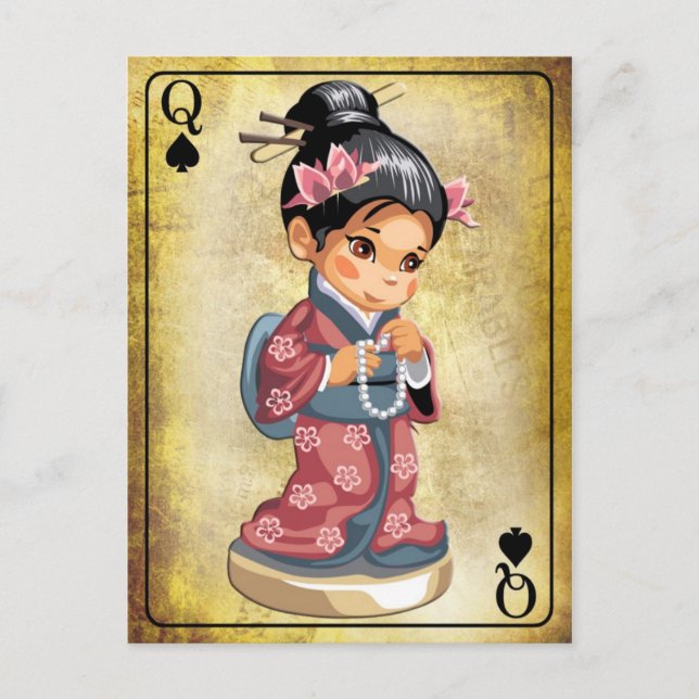 Japanese girl in kimono holding a pearl necklace postcard (Front)