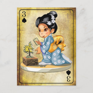 Japanese girl in kimono watering a bonsai tree postcard