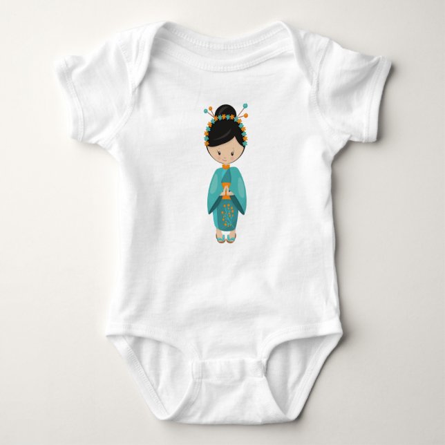 Japanese Girl, Japan, Cute Girl, Blue Kimono Baby Bodysuit (Front)