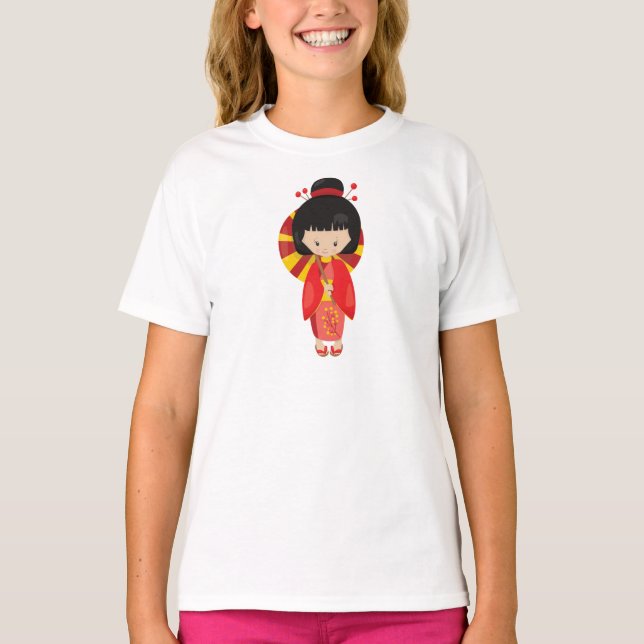 Japanese Girl, Japan, Cute Girl, Red Kimono T-Shirt (Front)