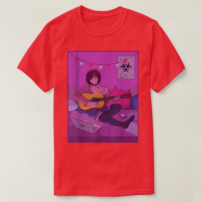Japanese Girl Playing Guitar Anime Manga Graphic A T-Shirt (Design Front)