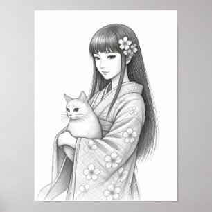 Japanese Girl with a White Ca Poster