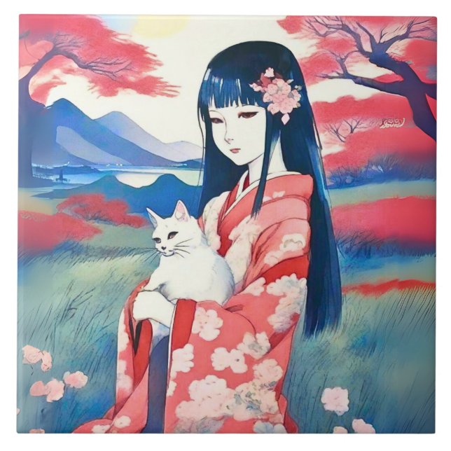 Japanese Girl with a White Cat Ceramic Tile (Front)