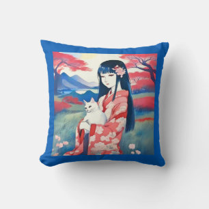 Japanese Girl with a White Cat Cushion
