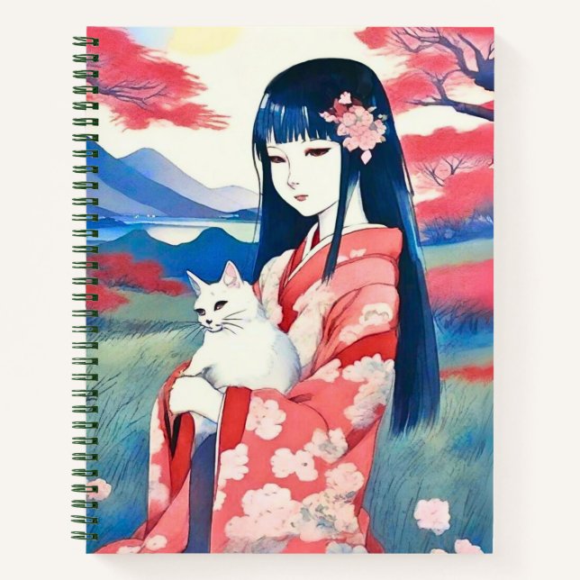 Japanese Girl with a White Cat Journal  (Front)