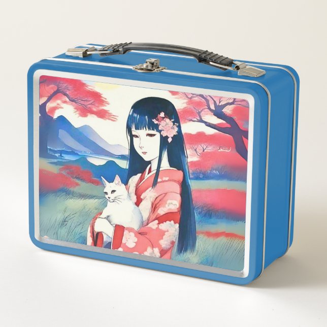 Japanese Girl with a White Cat Metal Lunch Box (Front)