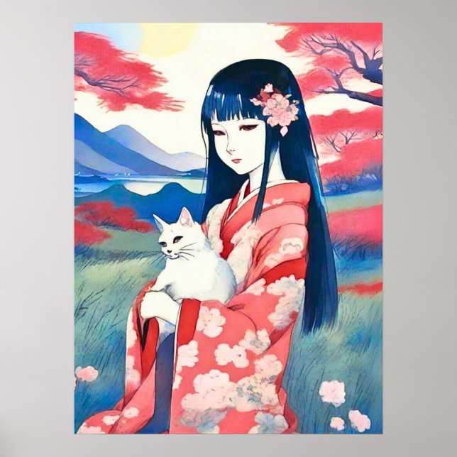 Japanese Girl with a White Cat Poster (Front)